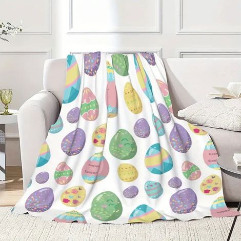 Couverture De Pâques - Flanelle Microfibre 100 x 70 cm - Motif Œufs Colorés Et Lapin - Pour Canapé Lit Ou Décoration Festive - 1 Pièce (1/5)