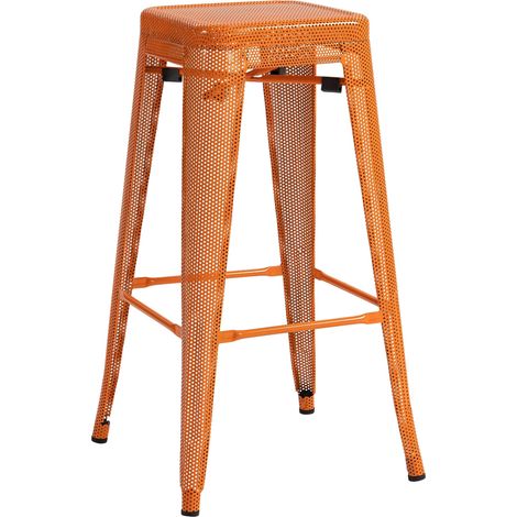 Taburete de bar con reposapiés apilable de diseño industrial en metal perforado naranja 100004870