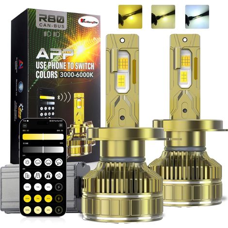 H4 LED Headlight Bulb, 2PCS Canbus Error Free H4 9003 Headlight Bulb APP Smart Dimming and Colour 3000-6000K 500-30000LM 150W 800% Brightness Replacement Kit for Halogen and Xenon (1/5)