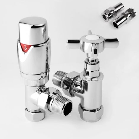 Krackow Angled Designer TRV with Cross Top Valve 15mm / 1/2inch with 15mm to 10mm Pipe Reducer