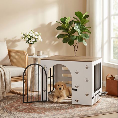 Jaula para perros 2 en 1 con comedero y mesa auxiliar, fabricada en MDF y metal - color roble claro blanco. (1/5)