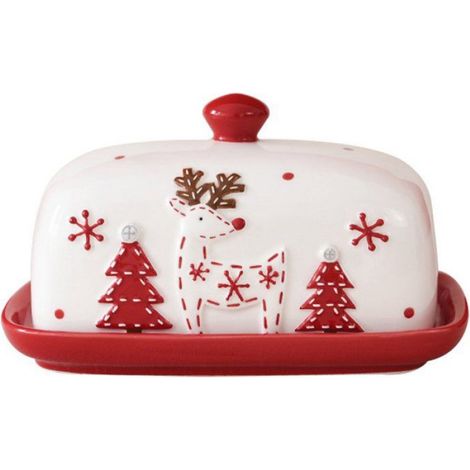 Beurrier - Céramique Porcelaine - Avec Couvercle et Poignée - Motif Sapin de Noël Relief - 19 x 12,7 x 10,6 cm - Rouge Blanc - 1 Pièce (1/5)