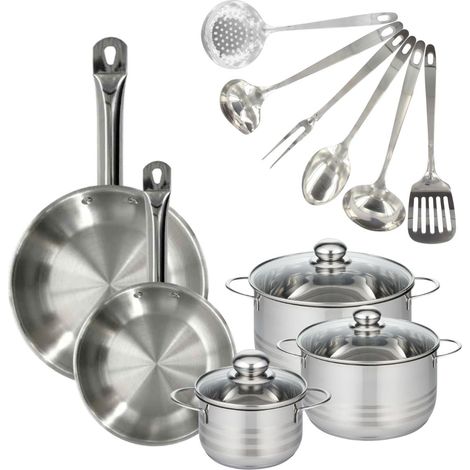 Set 2 poêles 24 et 28 cm en inox, 3 faitouts inox 16, 20 et 24 cm et 6 ustensiles inox Fackelmann Eterna (1/5)