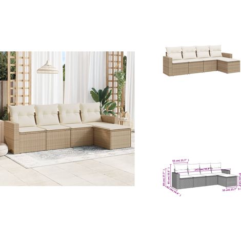 5-tlg. Garten-Sofagarnitur mit Kissen Beige Poly Rattan - Gartensofa - Outdoor Möbel - Lounge Set - Gartenmöbelset - Rattan Sofa (1/3)