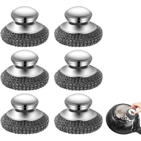 Set di 6 sfere a spirale in acciaio inox，spugnetta abrasiva in lana d'acciaio con manico in acciaio inox，realizzata in acciaio inox riciclato (1/5)