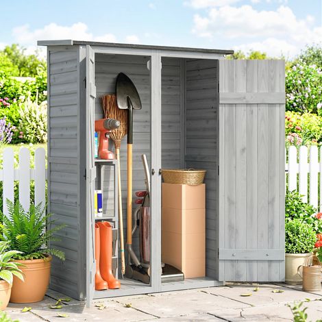 Caseta de Jardín de Madera 115x53x156 cm Armario para Herramientas con Puertas Dobles y Estantes Techo Inclinado Gris (1/4)