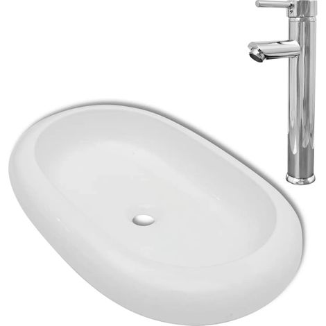Lavabo da bagno 63 x 42 cm con miscelatore ovale in ceramica bianca 020002842