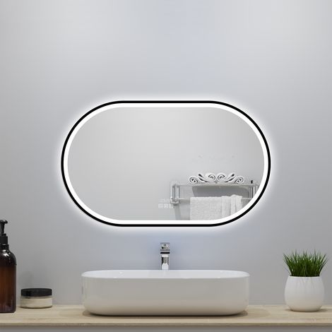 OCEAN Miroir Salle de Bain ovale 50x90cm, Bluetooth,  Horloge, Anti-buée, 3 Couleurs lumière, Dimmable, Mémoire, IP44, HD Verre Trempé, Cadre Non Métallique