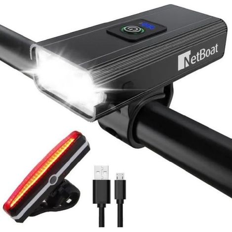 NetBoat Ensemble Lumière Vélo, Rechargeable Avant et Arrière,Phare de Vélo 1000 Lumens Vrès Lumineux avec 2 LEDs 2400 mAh IPX5 (1/4)
