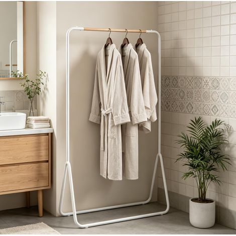 Multifunktionaler weißer Metall-Garderobenständer mit Holzstange 80 x 45 x 145 cm OKMYHOME (1/5)