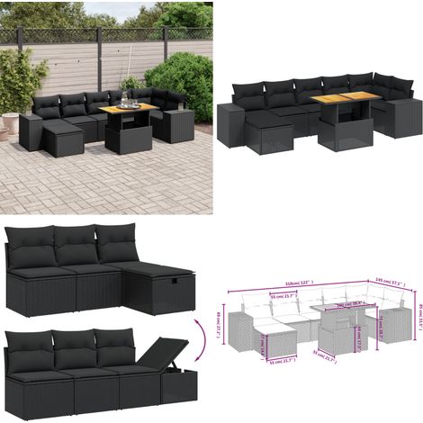8-tlg. Garten-Sofagarnitur mit Kissen Schwarz Poly Rattan - Gartenmöbel Set - PE-Rattan Möbel - Outdoor Lounge - Garten Sofa - Balkon Möbel - Home & Living (1/5)