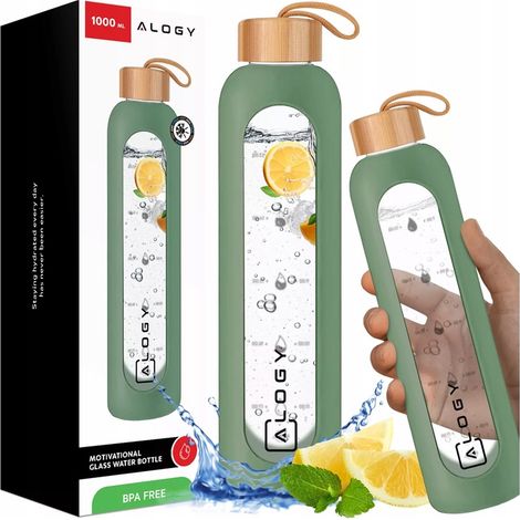 Bottiglia in vetro grande Alogy per bevande, misurino motivazionale, 1 litro, 1000 ml, custodia in silicone, oliva (1/5)