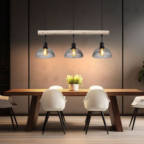 Pendelleuchte 3 flammig Hängelampe Esstisch Holzlampe Glas Wohnzimmerlampe zum verstellen, Metall, schwarz braun, 3x E27 Fassungen, LxBxH 80x20x120 cm (1/5)