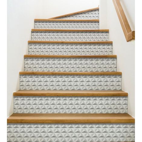 Lot de 3 Contremarches adhésives autocollantes 3D Amalfi, 19,5 X 100 cm, forme géométrique de triangles blancs. (1/2)