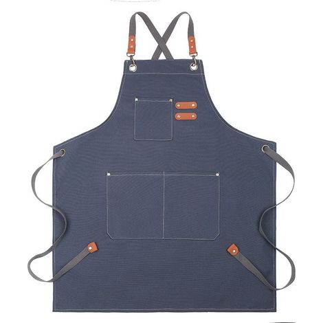 Tablier de travail en toile, bretelles réglables, dos croisé, 3 poches de rangement, couleur gris, robuste pour bricolage et cuisine (1/5)
