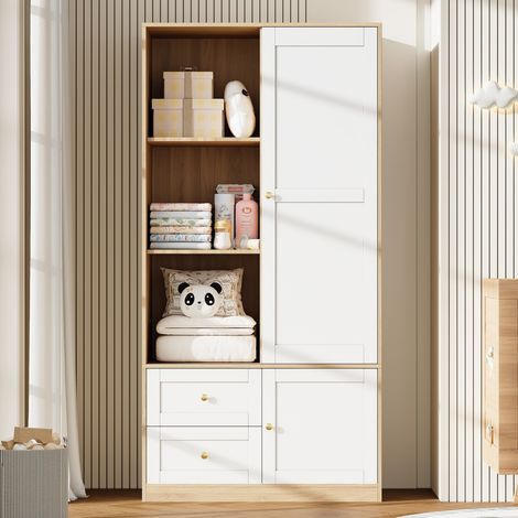Armoire chambre à portes coulissantes 90x50x180 cm blanc effet bois, tringle et deux tiroirs, grand espace de rangement semi-ouverte (1/5)