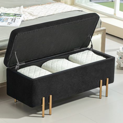 Panca contenitore imbottita con cassapanca, tessuto, metallo e legno, nero 100x40x42 cm HAVRYA (1/5)