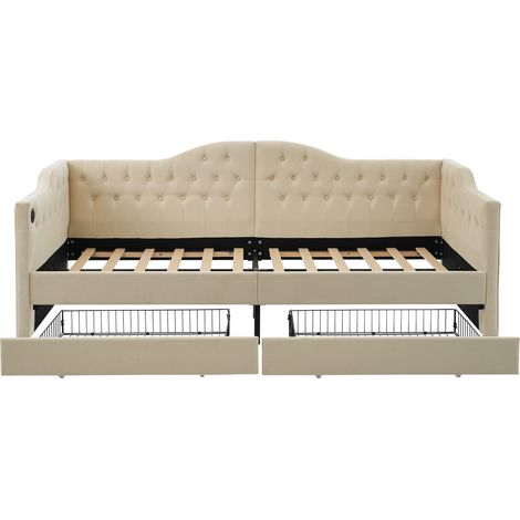 Letto divano in velluto beige 90x200 cm con 2 cassetti e porte USB Type-C (1/5)
