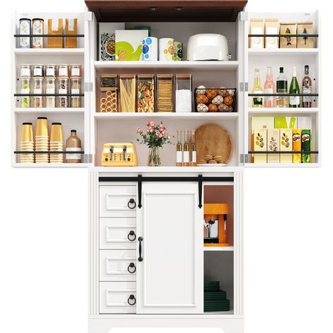 ELVMI Colonna da Cucina con 4 Cassetti, Ripiani Regolabili, Chiusura Ammortizzata e Mensola Laterale, MDF Bianco, 80 x 39.8 x 180 cm (1/5)