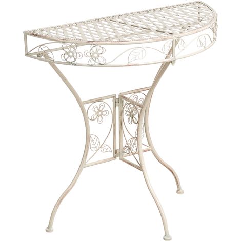 Mesa de balcón exterior de metal estilo vintage tablero de 80 x 36 cm con diseño floral y estructura de hierro beige claro Yaviza (1/5)