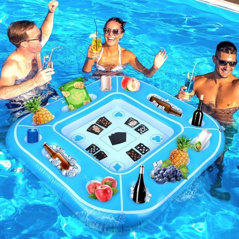 Table de jeu flottante de 101,6 cm (40 pouces environ) avec cartes à jouer imperméables, plateau, bac à nourriture et porte-boissons flottant.