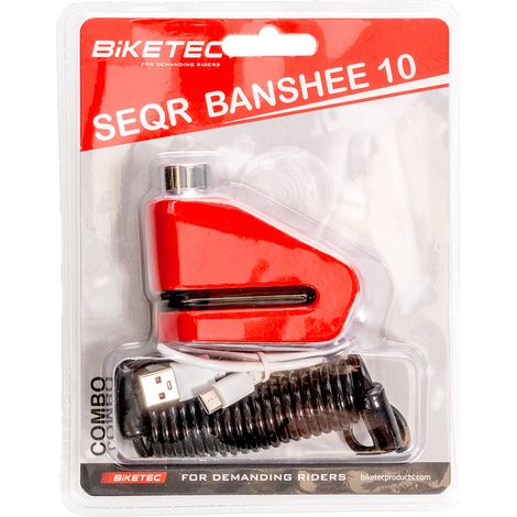 Antivol de frein à disque BIKETEC SEQR 7,2 mm avec alarme 120 dB - Goupille de 10 mm, dimensions : 81 mm x 55 mm, 3 clés, câble de sécurité