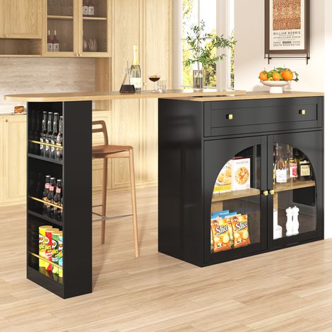Mobile bar, tavolo da bar allungabile con vano portaoggetti, girevole a 360°, con cassetti e ante in vetro, design moderno, 138-204×39×104 cm, nero (1/5)