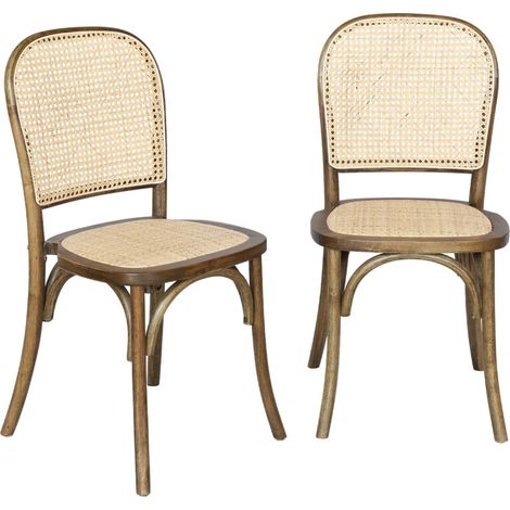 Lot de deux chaises vintage en bois marron vieilli avec assise et dossier en rotin (1/5)