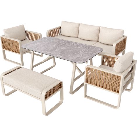 ELVMI Salon de Jardin avec 2 Fauteuils, 1 Canapé 3 Places, 1 Banc et 1 Table, Rotin PE, Beige (1/5)
