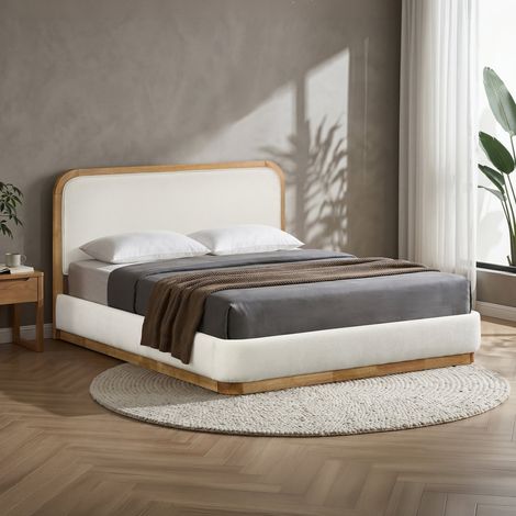 MONA Lit double en tissu beige et bois clair 140x190 cm (1/5)
