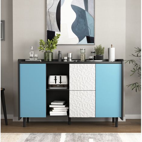 Aparador de cocina MDF negro y azul 120x40x80 cm, con 2 cajones, 2 huecos abiertos y armario cerrado (1/5)