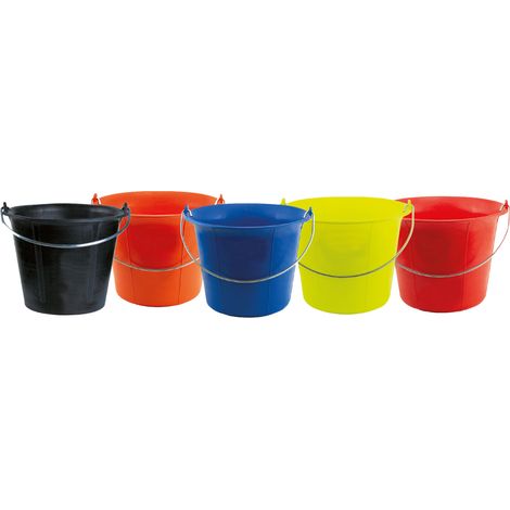 Mondelin – Lot de 5 seaux en plastique 11L – 1 seau noir 60% recyclé – 4 seaux couleurs vives : orange, bleu, jaune fluo, rouge – Anse 5.3mm