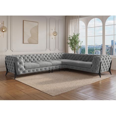 Deco In Paris – Canapé d'angle réversible en velours gris – Largeur 323 cm – Capitonnage élégant – Design moderne et confort moelleux (1/5)