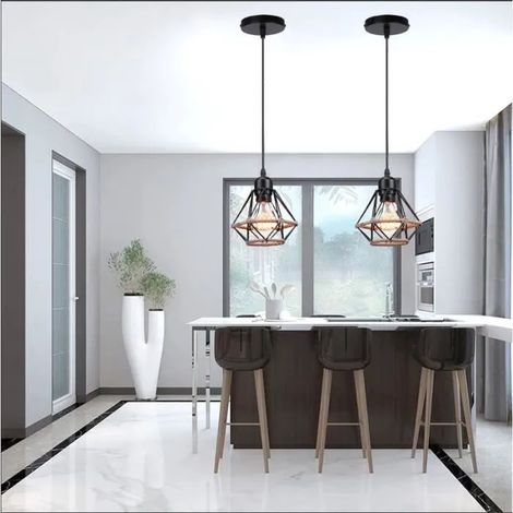 kawoo Lot de 2 Lustre Suspension Industrielle en Cage Noir,Plafonnier Vintage en Corde de Chanvre pour Salon Chambre (1/4)