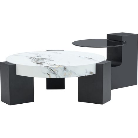 Table d'appoint ronde bicolore effet marbre, plateau MDF et noir, deux tailles modulables, style luxe italien, pour salon et chambre CHICFURN (1/5)