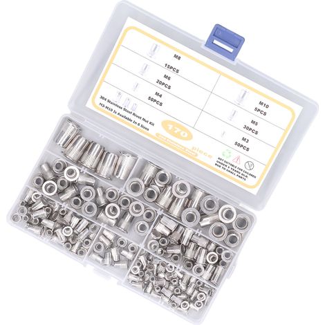 170 pièces d'écrous rivets filetés M3‑M10 en acier inoxydable 304, tête plate durable