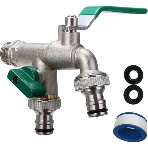 Robinet double sortie avec enrouleur de tuyau - Raccords BSP 1/2 et 3/4 pouce - Étanche pour usage jardin et extérieur - Conception robuste et pratique. (1/5)
