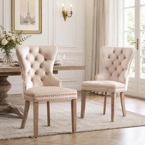 Pack de 2 sillas de comedor, terciopelo capitoné con anilla decorativa y tachuelas, patas de madera maciza, 53x46,5x95 cm, beige (1/5)