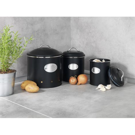 Lot de 3 boîtes de conservation hermétiques – Métal vernis noir – 1L 3x18cm, 1,6L 11,5x16,5cm, 4L 18,7x21cm – Couvercles avec anneau en silicone
