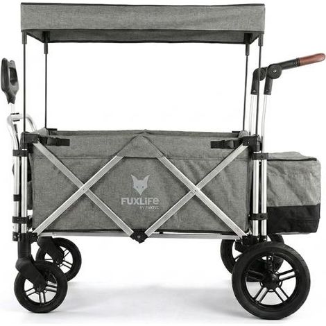FUXLIFE by FUXTEC Chariot pliable FX-CTL900 Gris premium avec toit pare-soleil, sac isotherme et rangement compact pour jardin, camping et outdoor