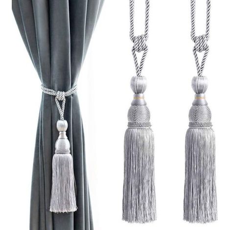 Embrasses de rideaux décoratives à pompons et boules - Attaches de rideaux pour la maison et le bureau, boucles tressées, franges, lot de 2 (gris) (1/4)