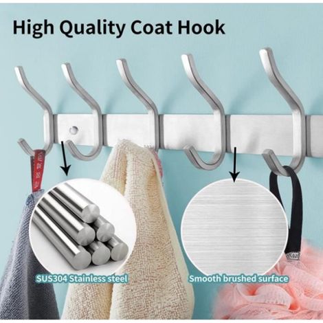 Porte Manteau Mural de 6 Crochets, Patères Porte Manteaux Crochet Mural pour Serviettes en Acier Inoxydable (Argent, 6 Crochets) (1/3)