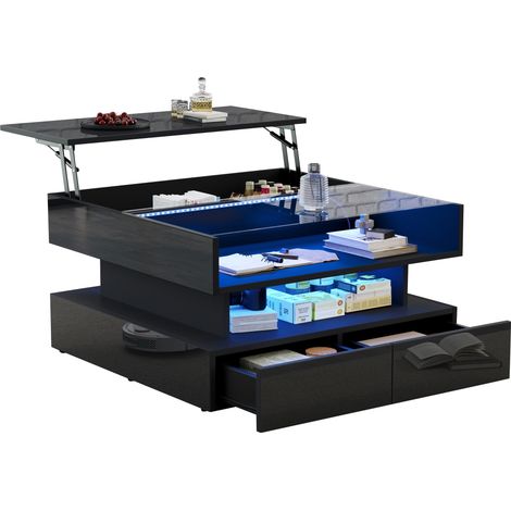 Couchtisch Quadratisch mit Hubtischplatte, Verdecktem Stauraum, 2 Schubladen und LED, Schwarz, 80×80×45 cm (1/5)