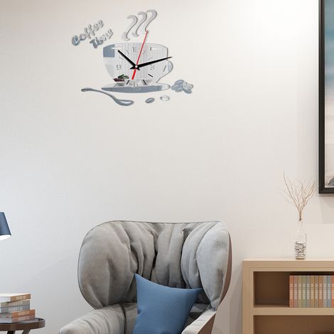 Montre murale acrylique DIY moderne silencieuse forme tasse café, horloge murale autocollante chiffres creux, design café (1/5)