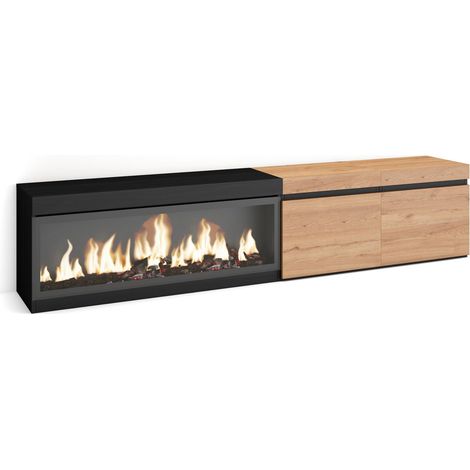 Skraut Home - Mueble TV, Televisión, Muebles de salón, almacenaje, 210, Para TV hasta 80", Chimenea eléctrica XXL, Estilo Moderno, Roble y negro (1/5)