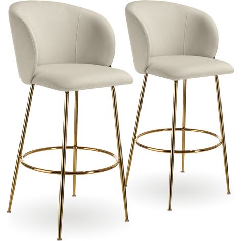 Tectake – Lot de 2 tabourets de bar rembourrés – Dossier incurvé en velours doré – Hauteur d'assise 76 cm – Acier galvanisé et polyester