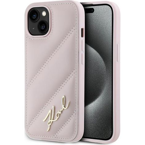 Karl Lagerfeld Diagonal Quilted Script Pink iPhone 15 Plus Hülle (1/5)