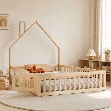 Cama cabaña infantil 140 x 190 cm con somier, techo con chimenea, pino y MDF, natural (1/5)