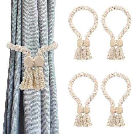 4 Pièces Embrasses de Rideaux Magnétiques, Coton et Lin, Pompons et Perles en Bois, Sans Perçage, pour Salon, Chambre, Bureau