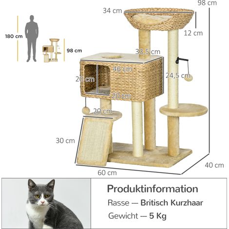 Kratzbaum Katzenbaum, 1 Katzenhöhle, 1 Katzbenbett, 1 Liegefläche, 1 Rampe, 60 cm x 40 cm x 98 cm, Natur + Beige